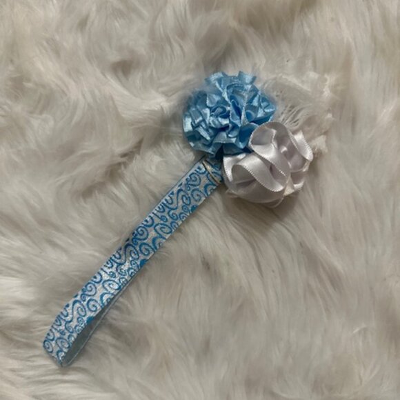 White Satin Puff, White Shabby and Blue Satin Cluster flowers and FOE Headband - Picture 1 of 1